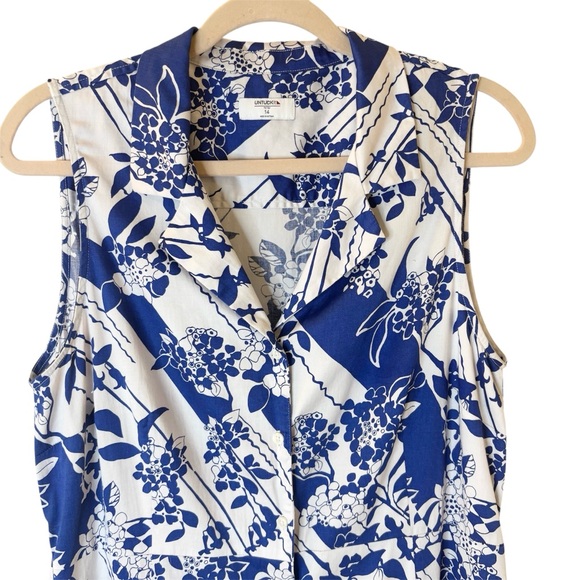 UNTUCKit Sally Blue & White Floral Sleeveless Shirt Dress – Size 14 - Picture 2 of 5
